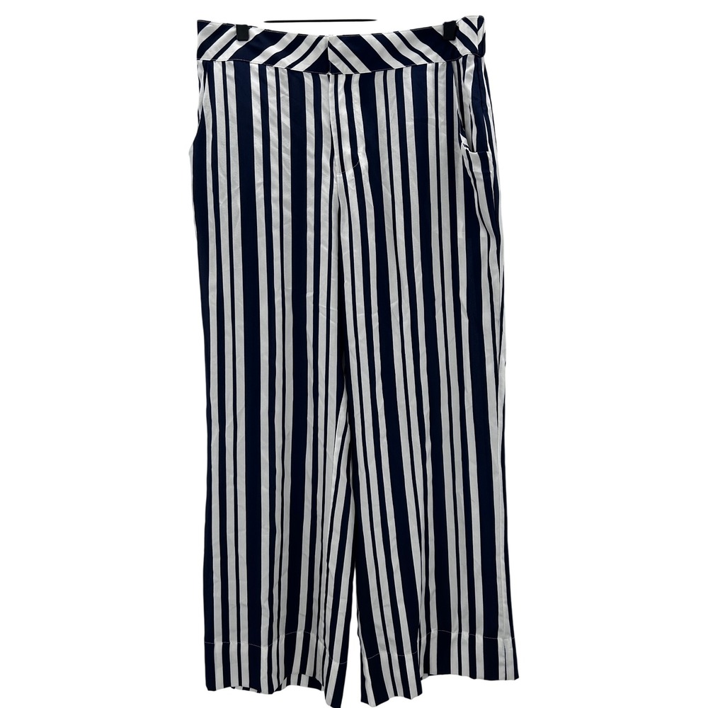 NWOT Soft Surroundings Silk Striped Wide Leg Pants Navy White Womens Size Medium